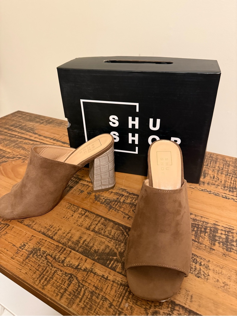 ShuShop Taupe Suede Open-Toe Mule with Croc-Embossed Block Heel